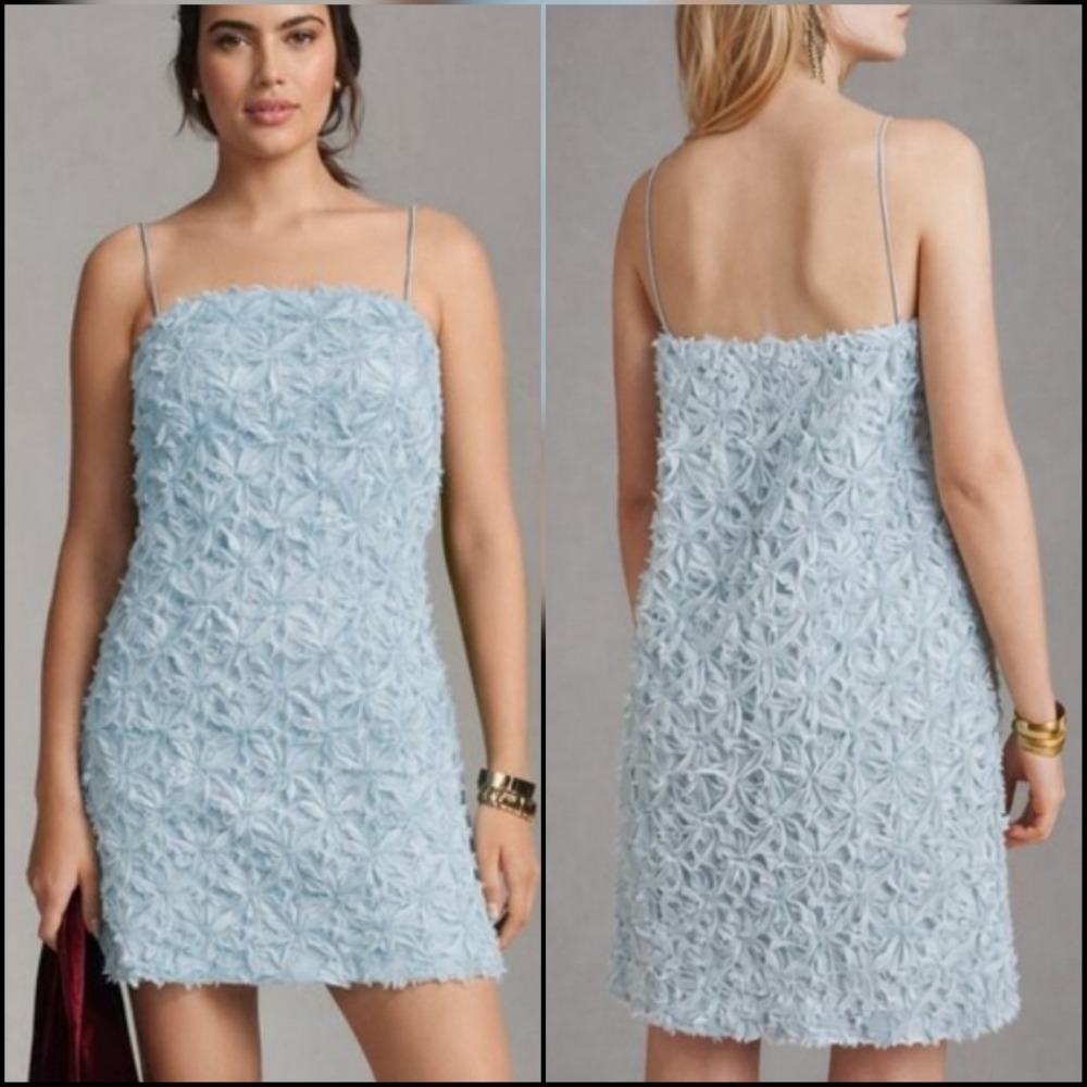 Anthropologie NEW Sunday in Brooklyn Blue Textured Floral Tulle Dress SZ Medium